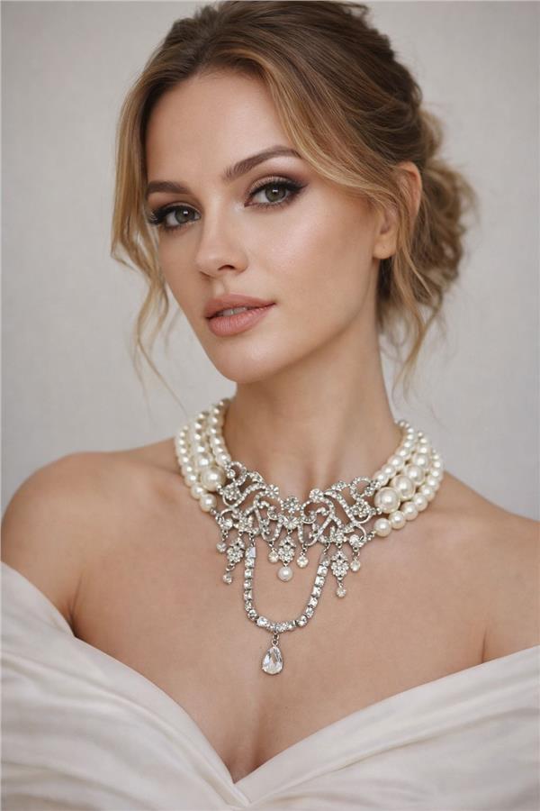 Elizabeth02 Gold ve İnci Detaylı Choker Kolye